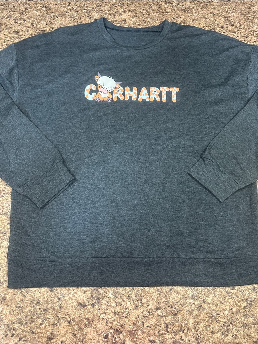 NWOT Dark Heather Gray Crewneck with Playful Highland Cow Designer Inspired Logo